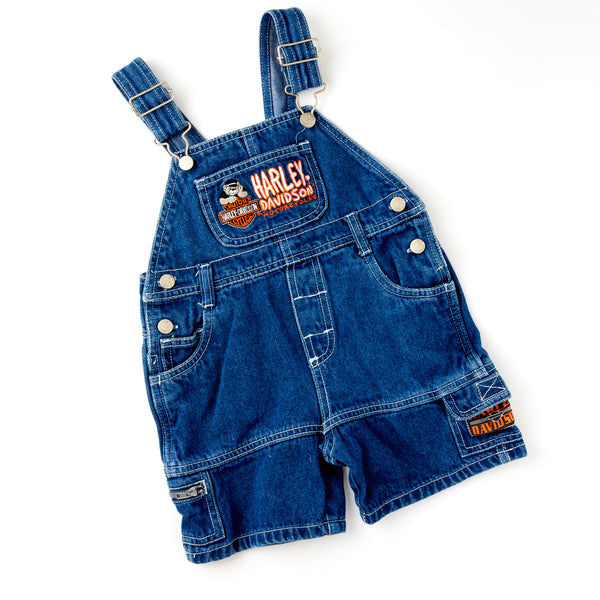 Vintage Harley Davidson logo biker bear denim shortalls • Size 3T